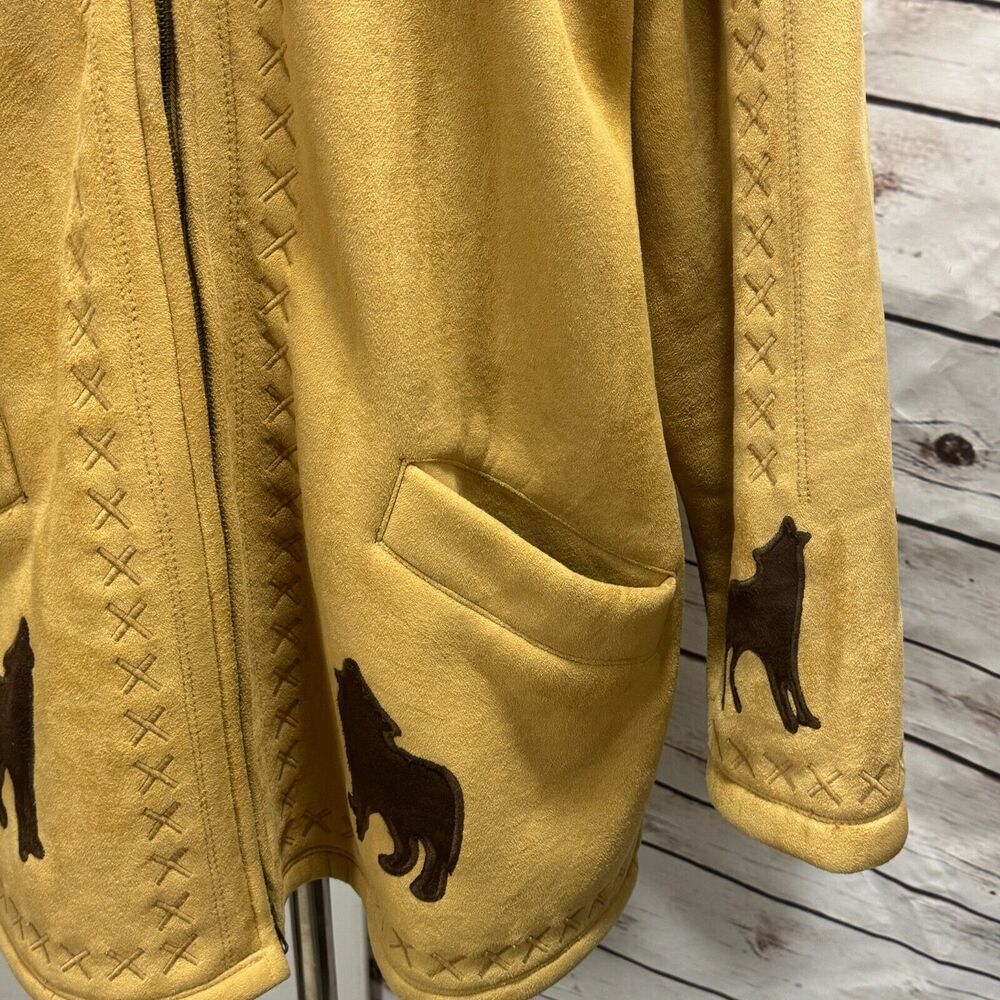 Coldwater Creek Wolf Coat Jacket Tan Faux Suede Lined Full Zip Fur Hooded Medium - Picture 3 of 14